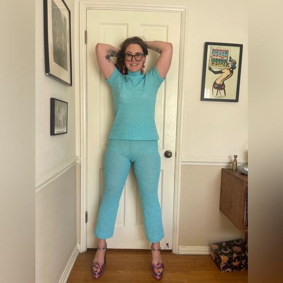 70s Vintage Jantzen Blue Knit Pantsuit - Picture 4 of 15
